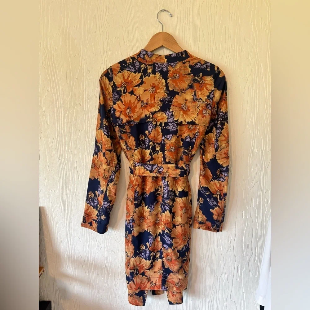 Babaton Aritzia Blue Orange Quincy Floral Trench Cardigan Jacket Wrap Dress - Picture 9 of 17
